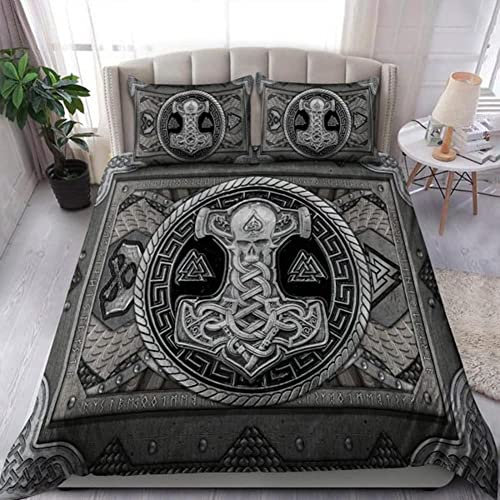 Bettwäsche 155x220cm Wikinger Bettbezug Set 3 Teilig Thors Hammer Wikinger Einzelbett Bettbezug 3D Motiv Luxus Modern Weiche Microfaser Mit Reißverschluss und 2 Kissenbezug 80x80cm