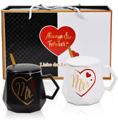 Wisebom Mr Mrs Tasse à Café en Céramique Coffret Cadeau Tasse Couple Tasse Cadeau Mariage Couple avec Couvercle et Cuillère Cadeau de Mariage pour Mariée et Le Marié, Lot de 2 Mugs (400ML)