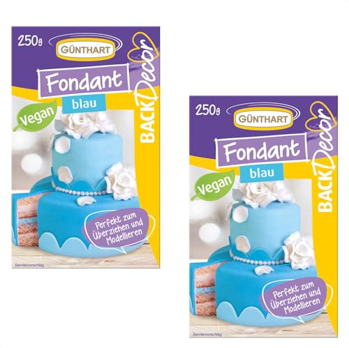 Günthart BackDecor 2 x 250 gr blau Fondant, 100% Vegan, Palmölfrei, Reißfest zum überziehen von Torten und Kuchen, zum Modellieren geeignet, 1er Pack (1 x 500 gr)
