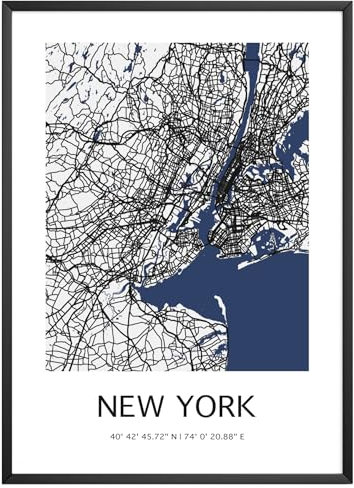 MJ-Graphics - Stadtkarte-Poster New York - Bild mit schöner Karte & Koordinaten | Wandbild Din A3 in Galerie Qualität mit extra dickem 300g Posterpapier - FineArt Kunstdruck ohne Bilderrahmen