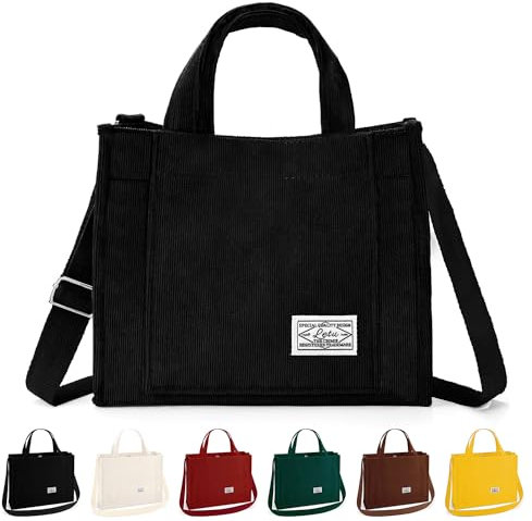 Taeku Cord Tasche, Damen Groß Handtasche Lässig Umhängetasche mit Reißverschluss Mode Schultertasche Shopper Henkeltasche (Schwarz)