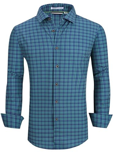 Alex Vando Mens Button Down Shirts Wrinkle Free 4-Way Stretch Print Business Casual Shirt,Navygreen,L