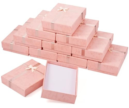 Craftdady Lot de 12 boîtes cadeau roses de 9 x 7 cm pour bijoux en carton éponge avec nœud à l'intérieur pour collier, bracelet, boucles d'oreilles pour la Saint-Valentin