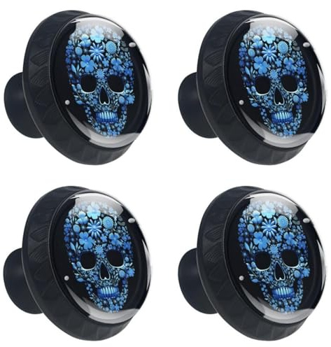 Runde Küchenschrankknäufe, Knäufe für Kommoden, Schubladen, Schrankgriffe, Möbelgriffe, Schubladengriffe, 4 Stück, blauer Totenkopf, Schranktürknäufe
