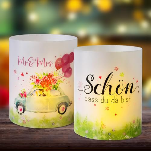 BETESSIN 12 Windlicht Tischdeko Hochzeit Mr & Mrs Deko Kerzen Deko Schön dass du da bist Teelichter Hochzeitsdeko Tisch Blumen Hochzeitspaar Kerzen Verzieren für Jubiläum Goldene Silberne Hochzeit
