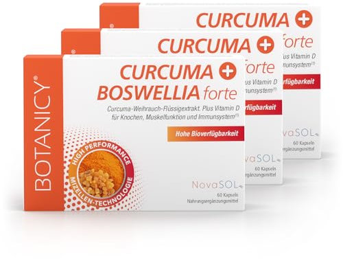 BOTANICY Curcuma + Boswellia forte - Kurkuma Weihrauch Kapseln mit Markenrohstoff NovaSOL - Plus Vitamin D3 für Knochen & Muskeln - Hohe Bioverfügbarkeit, Hochdosiert - 180 Weihrauch Kurkuma Kapseln