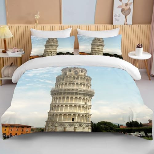 Bettwäsche Italienische Architektur Bettbezug 155x220 & 2 Kissenbezügen, Schiefer Turm Von Pisa, Italien Bettbezug Set Microfaser 3D Motiv Bettdeckenbezug mit Reißverschluss und 2 Kissenbezug 80x80cm