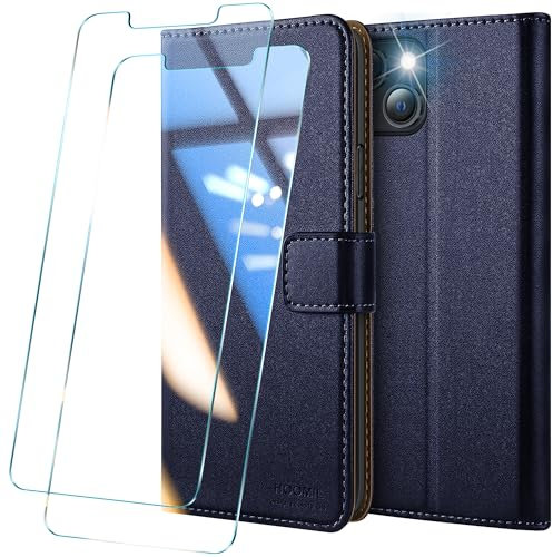 HOOMIL Handyhülle für iPhone 14 und iPhone 13 Hülle mit Schutzfolie, Premium Leder Case Klappbar Schutzhülle für iPhone 14/13 - Blau