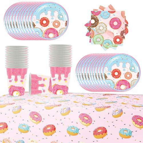 Doyomtoy 61 Piece Pink Donut Party Tableware Set with cups, napkins, plates, tablecloths for children's birthday parties, gatherings and weddings for up to 20 people !