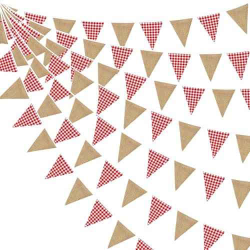 26Fuß Rot Kariertes Sackleinen-Banner Sackleinen-Wimpel Dreieckige Flagge Girlande Vintage-Kamin-Wandbehang für Rustikale Geburtstage Hochzeiten Babypartys Verlobungen Boho-Picknick-Camping-Dekoration