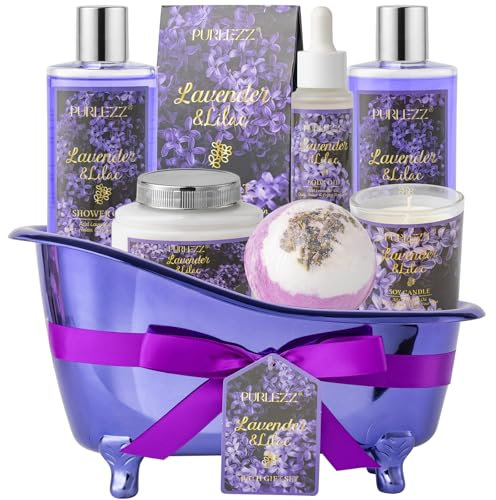 Purlezz Cadeaux d'anniversaire pour femmes, kit de spa de luxe pour la maison, ensemble cadeau de bain 8 pièces lavande et lilas, paniers-cadeaux pour femmes uniques avec bombes de bain, sel mari