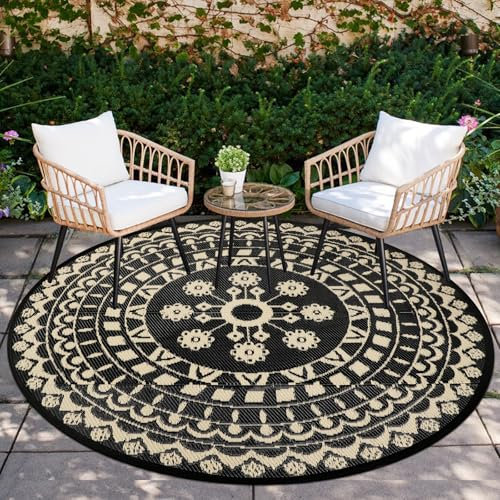 Capslpad Rund Außenterrasse Teppich ∅180cm Wende Picknickmatte Wasserdichter Kunststoff-Strohteppich Boho Innen Außenbereich Teppich für Wohnmobil Hinterhof Balkon Picknick Strand, Beige