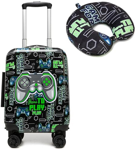 Kinderkoffer mit Nackenkissen Set Handgepäck Leicht Hartschalenkoffer Trolley Jungen Koffer für Kinder mit 4 Rollen