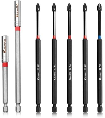 ColumPRO 7PCS PH2 & PZ2 Magnetic Impact Driver Bits Set, 4PZ2 + 1PH2 Screwdriver Bit Sets for Daily Screwdriving Needed with 150 mm + 100 mm Extension Bit Holders