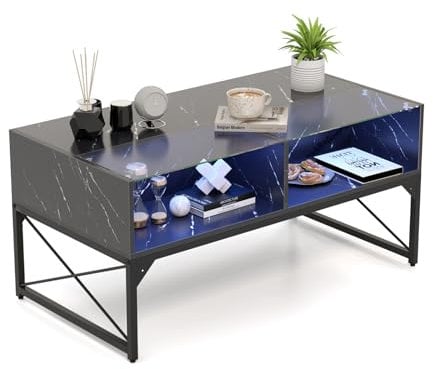 GIANTEX Table Basse Haute Brillance avec Lumières LED Réglables et 4 Cubes de Rangement, Table de Salon Moderne avec Plateau en Faux Marbre et Verre Trempé, Télécommande Incluse, Blanc/Noir (Noir)
