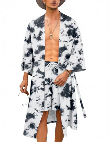 COOFANDY Kimono Bathrobe for Men with Shorts Lightweight 2 Piece Japanese Bathrobe Casual Open Long Cardigan with Belt