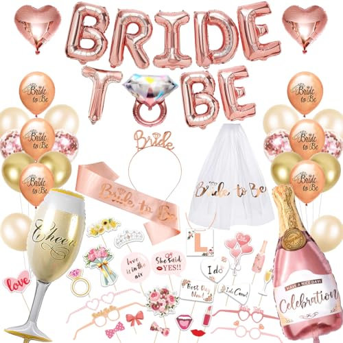 iZoeL Bride to be Deko Rosegold Junggesellenabschied Accessoires Frauen, Bride to be Girlande Schärpe Schleier, JGA Foto-Requisiten,JGA Party Dekoration Luftballon Folienballon