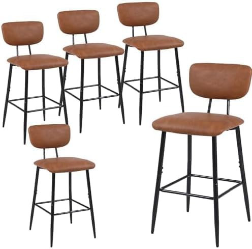 Youhauchair Tabouret Bar Lot de 5, Tabouret de Bar Moderne en Faux Cuir pour îlot de Cuisine, Chaise de Bar pour Petit-déjeuner avec Dossier et Pied en Métal, Tabourets de Bar Rembourrés, Brun