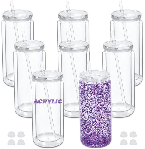 Micellwuu Lot de 8 gobelets en acrylique à double paroi avec trou pré-percé, pour boule à neige à paillettes et bricolage (transparent)