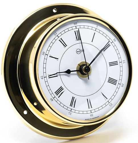 Barigo 683MS Tempo Quarz-Schiffsuhr, Glas, Messing-Gehäuse poliert | Schiffsuhr, arabische Ziffern, weißem Ziffernblatt, maritime Wanduhr, maritimes Design, 110x35 mm Breite/Tiefe