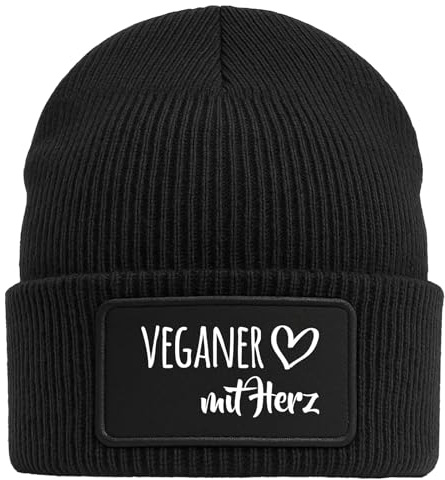 Huuraa Beanie Veganer mit Herz Geschenk | Black Geschenkidee Schwarze Rippstrick Wintermütze mit austauschbarem Klett Patch