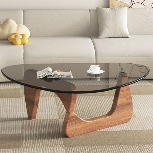 RUYICZB Table Basse Triangulaire en Verre Style Milieu du Siècle, Tables Basses Modernes en Verre pour Salon, Tables Centrales avec Base Bois pour Bureau, Hôtel, Balcon,Walnut Ash,83cm