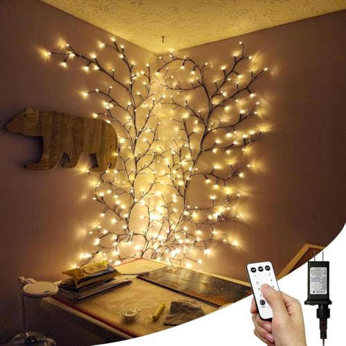 NIDISETPJAS - Luces de vid de sauce encantadas con mando a distancia, decoraciones de Navidad decoración de habitación interior, 18 ramas, 144 luces LED iluminadas de vid de sauce para paredes