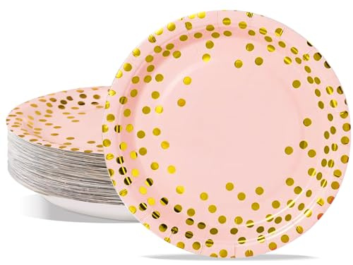 PYAILI Party Paper Plates | 50-Pack Disposable Rose Gold Plates, Foil Polka Dots, 23 Centimetres-9 Inch