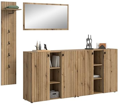 xonox.home – 4-TLG. Garderobenkombination Station 258x192x37 cm in Evoke Oak – Extragroßes Garderoben-Set mit Paneel, Spiegel, Schrank und Schuhkommode für viel Stauraum