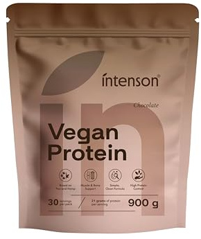Intenson Poudre de protéines végétaliennes, Chocolat, 900 g, 30 Portions | 21 g de Protéines par Portion, Mélange Pois & Chanvre, 100% Végétal, Sans Lactose, Sans Gluten, Sans Sucre, Formule Clean