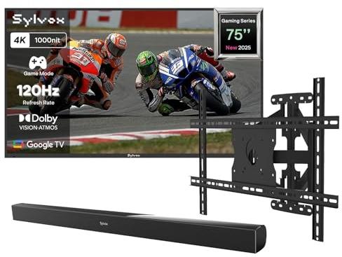SYLVOX Outdoor TV with Cover & Wall Mount & Soundbar, 75 Inch 120Hz 4K Gaming TV - 1000nits Sunlight-Readable, IP55 Waterproof, Dolby Vision & Atmos, HDMI 2.1, USB 3.0, Google Assistant