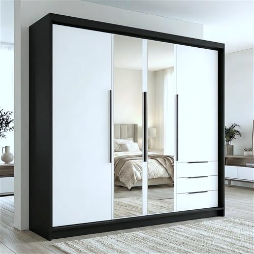 A&J MöbelLand VIVO Kleiderschrank 4-türig mit Spiegel und Schubladen – 200 x 215 cm – Drehtürenschrank mit Kleiderstange und Einlegeböden