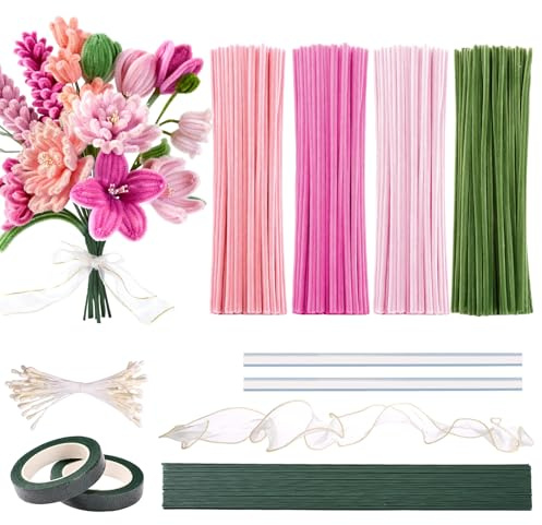 Naler 400 Pcs Pipe Cleaners Craft Set, 4 Colors | Chenille Stems Wire and Fiber, Includes Floral Tape, Stamens, Glue Sticks and Ribbon, For DIY Flowers Bouquet