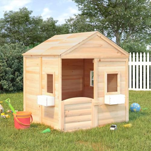 Casetta in legno massiccio di abete con porta con serratura e finestre aperte come casetta da giardino