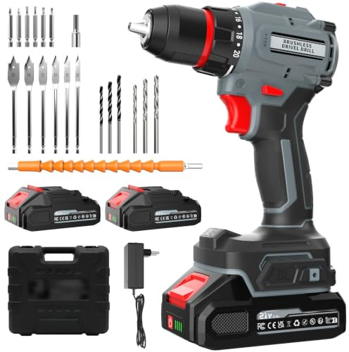 Brushless Trapano Avvitatore Batteria 21V, 55Nm Avvitatore a Batteria | 2x2.0Ah Batterie,20+1Coppia,2 Velocità,LED Luce, Avvitatore Elettrico compatibile con Makita 18V,Ideale per forare e avvitare