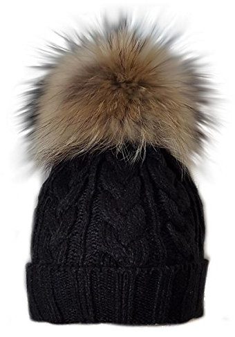 MERRYLAND Mütze XXL Echtfellbommel Pudelmütze Bommelmütze ECHTFELL Hat Real Fur Handmade Fellbommel Echt Fell Bommel Strickmütze Pelzbommel Waschbär Raccoon Pelz