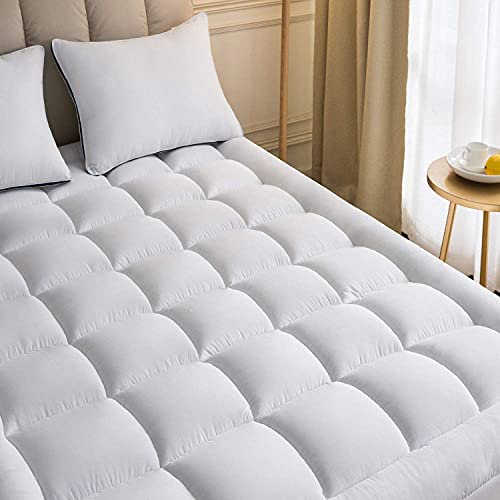 Mattress Topper Double (Full) 137x191 cm Quilted Back Pain Relief Plush Down Alternative Pillow Top Fitted Skirt Protector Cooling Mattress Pad Deep Pocket Fits 50 cm Soft White, 137 cm x 191 cm