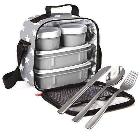 PracticFood - Kit Urban Food Negro Cubiertos - Bolsa térmica porta alimentos. Stars Grey