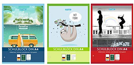 3x Schulblock / DIN A4 / gelocht / 50 Blatt / je 1x liniert, kariert und blanko