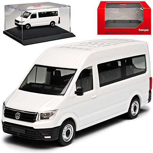 Volkwagen Crafter Transporter Hochdach Personen Weiss 2. Generation Ab 2016 mit Sockel und Vitrine Bausatz Kit H0 1/87 Herpa Modell Auto mit individiuellem Wu..