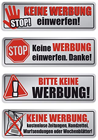 Keine Werbung - Aufkleber - Verschiedene Varianten 4X Chrome-Optik - für Briefkasten - Zeitungsrolle - Letterbox