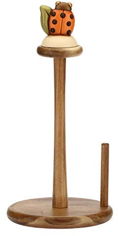 THUN - Porta Rotolo - Country - con Coccinella - Ceramica - Legno d'acacia - ø Base 16,5 cm - h 34,5 cm