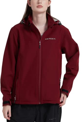 Acme Projects, Frauen, Mit Fleece gefütterte Softshell-Jacke mit abnehmbarer Kapuze, wasserdicht, atmungsaktiv, 8000 mm / 5000 g, YKK-Reißverschluss (Burgund, Damen, 44)