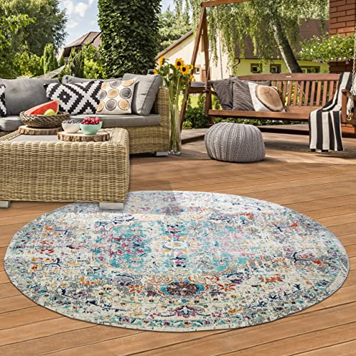 Teppich-Traum RUNDER Orient Teppich Schlafzimmer In- & Outdoor Balkon Vintagestyle bunt Größe 160 cm rund