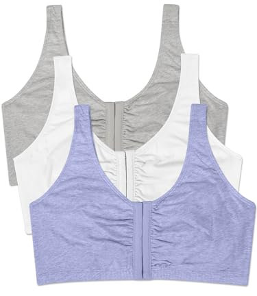 Fruit of the Loom Damen Front Closure Cotton Bra, 3-Pack Sport-BH, Undurchsichtige, Blue Gem Heather/Weiß/Grau, 3er-Pack, 90