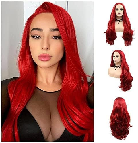 Rote Lace-Front-Perücke, lange Wellen, natürliches Haar, hitzebeständige Faser, synthetische Spitzenperücke für modische Frauen (61 cm, Rotwellen-/Lace-Front-Perücke)