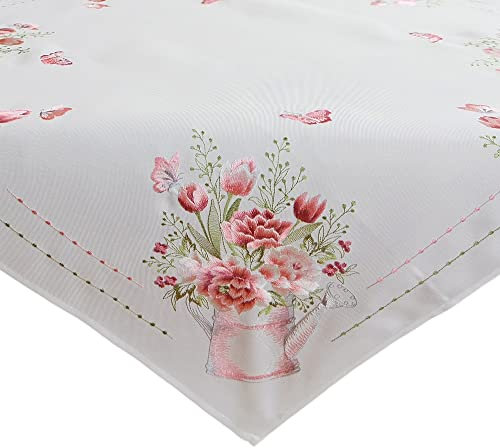 matches21 HOME & HOBBY Tischdecke LEA 110 x 110 cm zarte Stickerei mit Blumen in Gießkanne für Frühlingsdeko Polyester