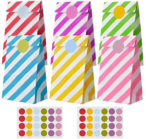 36 Stück Geburtstagstüten Kinder Papiertüten Klein Mitgebsel Tüten Kindergeburtstag mit 48 Aufkleber 6 Farben Streifen Bunte für Weihnachten Halloween Geburtstag Hochzeit Party,Geschenktüten Klein