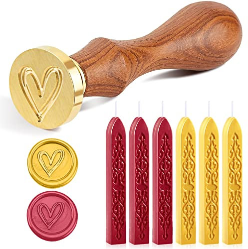 6 Stück Siegellack mit Dochten und Wachssiegel Stempel, Siegelwachs set für Umschlag/Einladungen/Karten/Geschenk/Retro Wachs Siegel - Herz Stempel