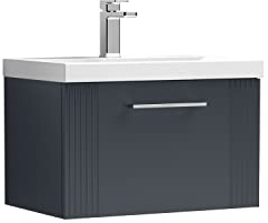 nuie DPF1494D Deco Modern Bathroom Wall Hung 1 Drawer Part Fluted Vanity Basin Unit with Thin-Edge Ceramic Basin, 600mm, Soft Black